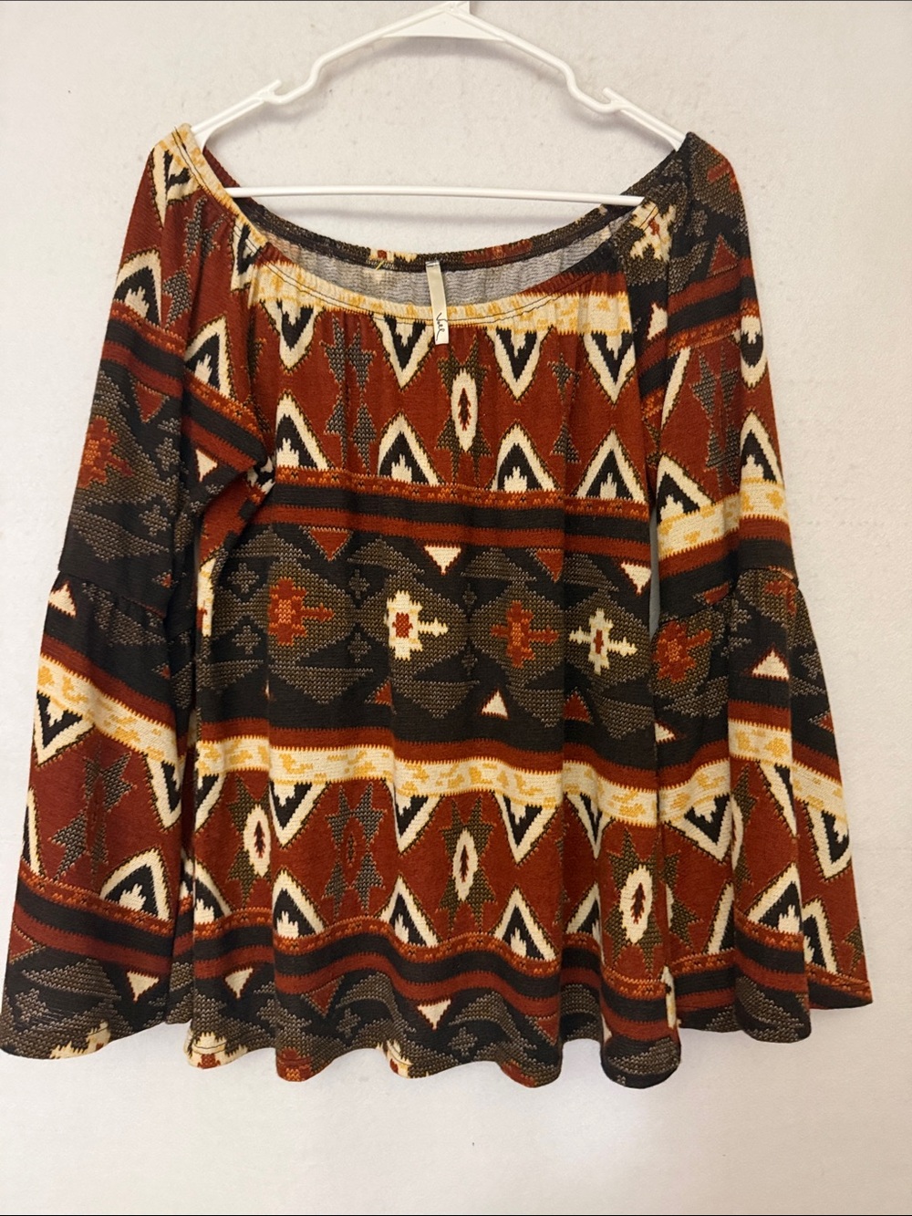 Vocal Southwestern Aztec Bell Sleeve Off The Shoulder Top Sz L